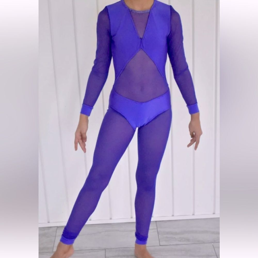 Custom solo dance costume purple unitard jumpsuit mesh  XXS adult LC child